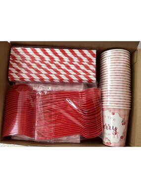 Best Wishes Cherry-Themed Party Set For 24 Guests*Plates*Cups* Cutlery & Napkins